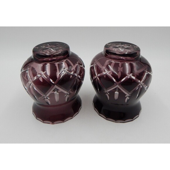 Gorham Crystal Lady Anne Hurricane Candle Holders Amethyst 5 In Cut To Clear/2 - Picture 9 of 9